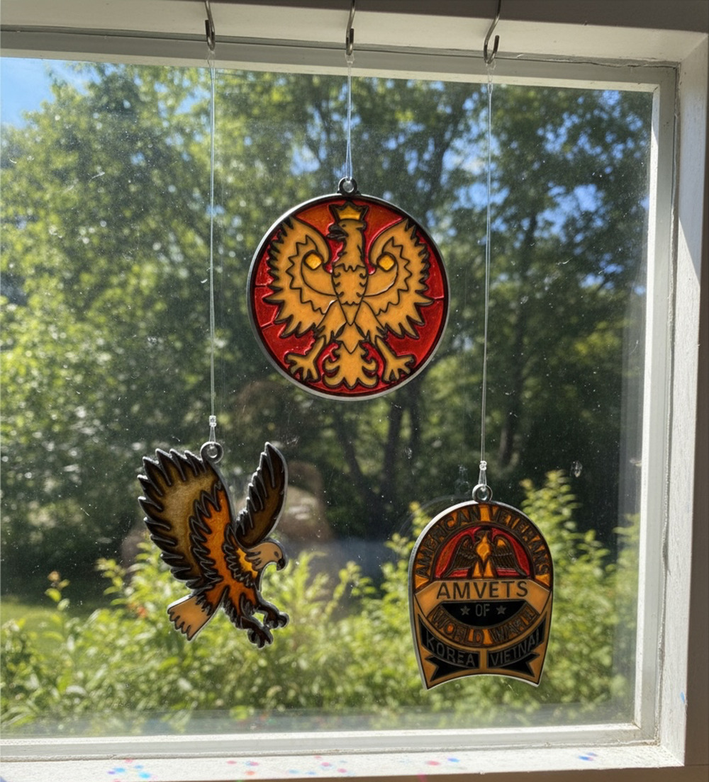 Vintage Suncatcher Lot of 3 AMVETS Veterans Eagle Polish Stained Glass Style